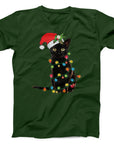 Christmas Lights Black Cat T-Shirt | Cute Festive Cat Holiday Tee