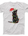 Christmas Lights Black Cat T-Shirt | Cute Festive Cat Holiday Tee