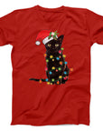 Christmas Lights Black Cat T-Shirt | Cute Festive Cat Holiday Tee