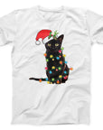 Christmas Lights Black Cat T-Shirt | Cute Festive Cat Holiday Tee