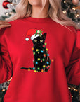 Festive Cat Christmas Jumper | Black Cat with Santa Hat and Lights