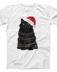Christmas Cat T-Shirt | Festive Cat with Santa Hat & Lights Design